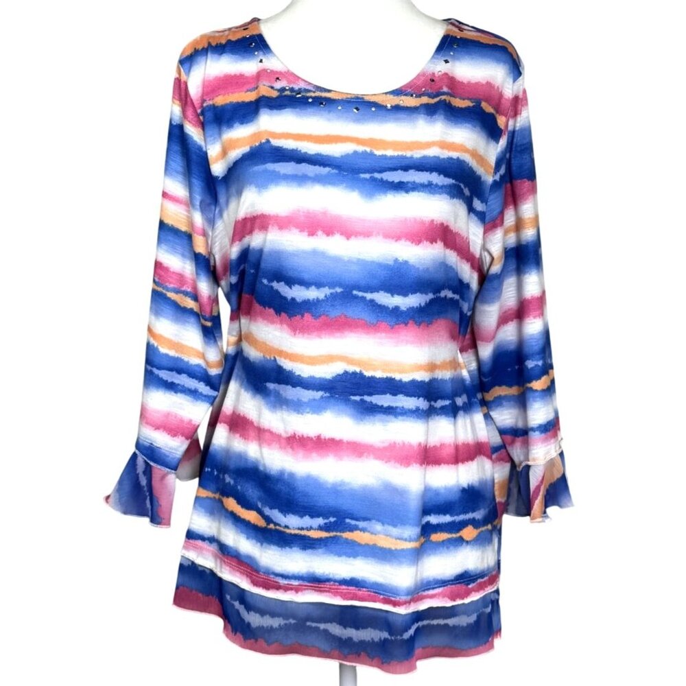 Alfred Dunner Womens Top Size M Blue Pink Striped Watercolor Print Rhinestones